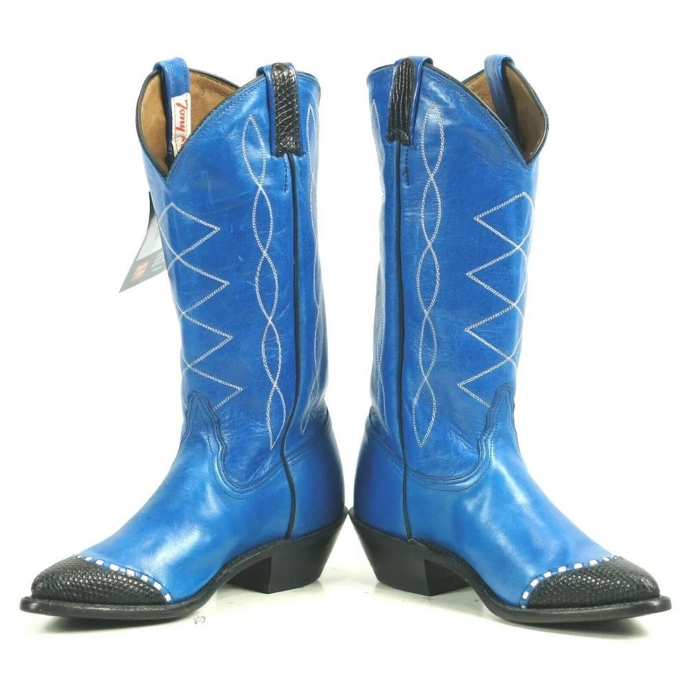Tony Lama Bright Blue Cowboy Boots Lizard Wingtips NOS Tags US Made Women's 7 B
